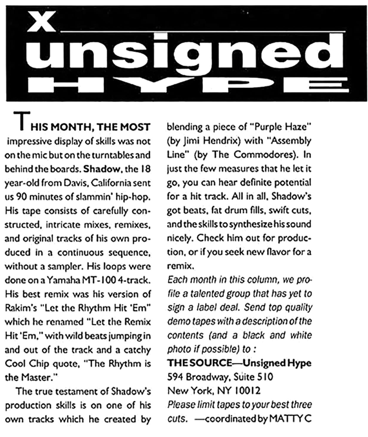 DJ Shadow in The Source's Unsigned Hype, 1991. Courtesy of djshadow.com